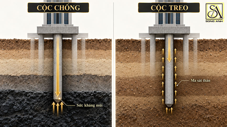 Cọc chống nhấn mạnh sức kháng mũi; cọc treo khai thác ma sát thân cọc.